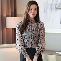 풍기인견블라우스 아사면 썰스데이아일랜드 시어서커 자켓형 아사 아일렛 허리밴딩 2022 쉬폰 캐주얼 스탠드 칼라 꽃 무늬 긴 소매 프린트 셔츠 탑스 슈미즈 팜므 6197 50
