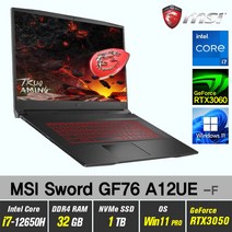 MSI Sword GF76 A12UE 포스 + Win11 Pro포함 / RTX3060 / 12세대i7 / 17인치 게이밍 노트북, WIN11 Pro, 32GB, 1TB, 인텔코어 12세대 i7 12650H, 블랙
