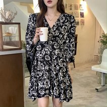 어라운드24 여성 미니 원피스 브이넥 랩 플라워 a라인 플리츠