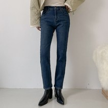 뜨개진 여성용 융 기모 허리밴딩 워싱 일자 인젠스 데님 팬츠