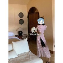 Plttyul bear 여름 원피스 프렌치 브이넥 스팽글 퍼프 원피스