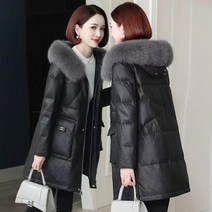 세계일주 여성용 양가죽 가죽 진짜 여우 모피 칼라 화이트 오리 다운 가죽 다운 재킷