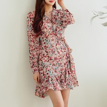 봄 쉬폰 랩 미니원피스 프릴 플라워 긴팔 가을 플레어 A라인 데일리 HE035