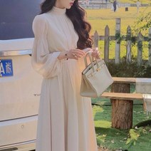 통통녀원피스 44사이즈 상견례 옷차림 달콤한 공주 스타일 긴 소매 파티 드레스 여성의 기질 우아한 스퀘어 칼라 핑크 미디 패션 의상