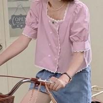 바보사랑 여성 여름 레므 투버튼 반팔 블라우스 셔츠.디작소