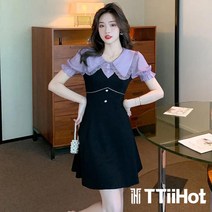 TTiiHot 여름 스커트 빅 칼라 쉬폰 이음 A라인 슬림핏 반팔 원피스