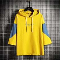 루즈핏 봄계절 데님 패치워크 칠부 소매 후드맨투맨 남자 와이드 빅사이즈 트렌드 눈길을 끄는 톨후드티 반팔 2496389550