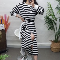 제이후 데일리 면 단가라 긴팔 H라인 일자 랩 롱 스트라이프 원피스