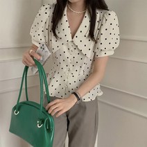 여자 세련된 브이넥 뾰족 빅카라 도트무늬 블라우스