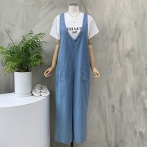 행복여[신상무배]메이크 양 브이 데님 청 와이드 점프슈트