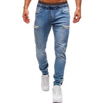 남자블랙진 연청바지 중청바지 탄성 커프 바지 캐주얼 Drawstring 청바지 훈련 조깅 운동 Sweatpants 패션 지퍼
