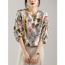 프린팅블라우스 상의 여성 여름 라운드넥 버블 소매 와이드 루즈핏 드로스트링 뱃살가리기 티셔츠 반팔셔츠