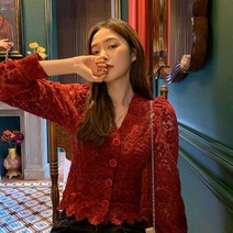 알리팡(Alipang) 여성 봄 가을 긴소매 브이넥 프렌치 팰리스 퍼프 슬리브 탑 메쉬 레이스 티셔츠