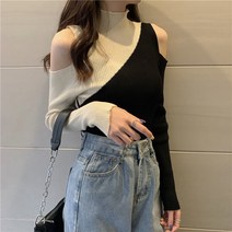 오프숄더 어 스티치 니트 스웨터 여성 가을 ​​하프 하이 칼라 롱 셔츠 슬림 피트와 얇은 디자 오프 숄더 긴팔 탑 오픈어깨