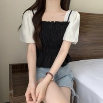 페이크 스모크 뷔스티에 여름 퍼프 반팔 소매 블라우스 빅사이즈