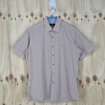 빈티지다온 루이까또즈 남성 오렌지＆블루 체크 슬림 반팔 셔츠