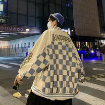 가을 남자 캐주얼 야구복 컬러 블킹 격자 무늬 프린트 야구 유니폼 남성용 미국식 복고풍