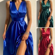 S-5XL 숙녀 실크 민소매 V 넥 Sundress 솔리드 스플릿 헴 파티 스윙 롱 맥시 드레스 플러스 사이즈