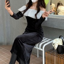 배색 오프숄더 벨벳 롱원피스 AG119039