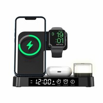 가성비애플 워치 에어팟 13 프로 맥스 인증 휴대폰용 무선 충전 스테이션 알람 시계 야간 조명 포, 10 Black