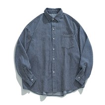 한로 일본계 남성 워싱 데님 스트라이프 긴팔 셔츠 남 봄 빈티지 루즈핏 셔츠 코트