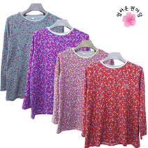 [편마담샵] 60대엄마 잔꽃무니 부들부들 실내티셔츠 라운드 스판 긴팔얇은