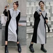 [150kg까지][날씬해보이는] 원피스 여성 가을 편한 간절기 후드 배색 루즈핏 제인드 박스 빅사이즈 오버사이즈 4XL 캐주얼 패션 데일리 맨투맨 풀오버 h라인 롱 스커트