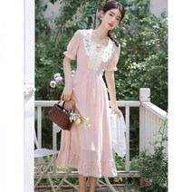 핑크 스퀘어넥 빅 카라 자수 리본 체크 레이스 개화기 레트로 복고풍 의상