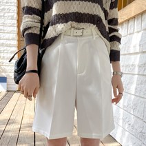 데일리앤 댄버스 여성 버뮤다 팬츠 5부 반바지 봄 여름 와이드 핀턱 슬랙스 벨트 세트