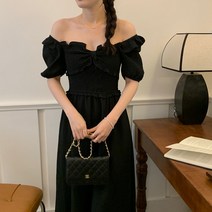 오프숄더 리본 셔링 스모크 롱원피스 A37409