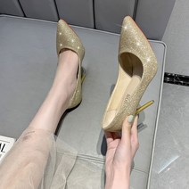 Makone 봄가을 뉴타입 글리터 결혼실발여성 은색 샤프닝 신부 신부들러리 신발뾰족한헤드 통굽구두 7cm단화 빅사이즈