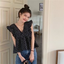 여름 여성 나시티 루즈핏 브이넥 배색 잔꽃 프릴 슬리브리스 민소매 블라우스 상의 A88