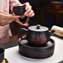 보라색 도자기 주전자 수제 Xishi 구호 연꽃 단일 냄비 가정용 차 보라색 진흙 선물 차 세트 마스터 컵, 보라색 도자기 연꽃 종 컵