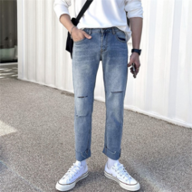 브이와이 [VY] 남자 데님팬츠 컷아웃 컷팅진 슬림 워싱 빈티지