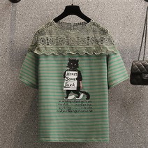 빅사이즈여성의류레이스펀칭스트라이프반팔티셔츠여름디자인감각기상