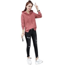 JUSTFEELING 여성 후드 맨투맨 가을 긴팔 풀오버 루즈핏 와일드 코트 트렌치 티셔츠 단컬러 후드티