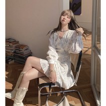 여성 프렌치 블루 플라워 브이넥 랩 레트로 원피스 봄여름 캐주얼 로맨틱 미니 스커트