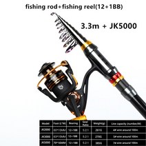 스피닝 낚싯대 여행 바다 극 1.8m 2.1m 2.4m 2.7m 3.0m 3.3m 3.6m 탄소 텔레스코픽 낚싯대 및 릴 콤보 세트 shimano, 3.3m 및 JK5000