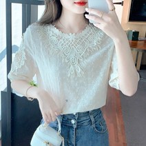 화이트 칠부 블라우스 여 여름 맨투맨 퍼프 레이스펀칭 톱
