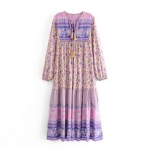 슈퍼 핑크 꽃 보헤미안 긴 드레스 여성 긴팔 레이온 가을 tassle 브이넥 boho