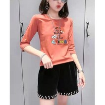 여성 슬림핏 7부 면 티셔츠 CAIHONG