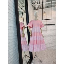 [반다리] 벌룬 소매 지지미 체크 배색 롱원피스