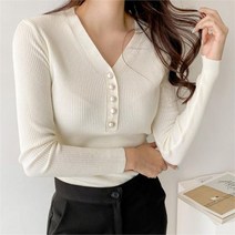 드레스날다 진주장식 슬림핏 브이넥 골지 니트 knit555