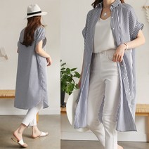 하늘바라기 여성용 통소매 스트라이프 롱 셔츠