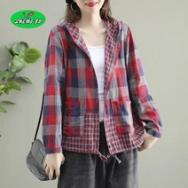 SHENGBO여성 봄가을 빅사이즈 체크 루즈핏 후드 셔츠