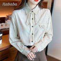 나바바 NB1273 여성 레트로 반반 단가라 리본 카라 셔츠
