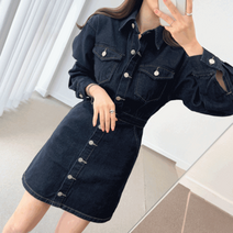 새비지 카라 뒷밴딩 생지 스티치 데님 청 미니 원피스 1color