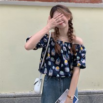 플라워 오프숄더 셔링 밴딩 쇄골 라인 티셔츠