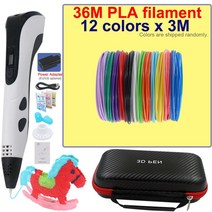 3D펜 팔라멘트 색 3D 펜 LCD 화면이 있는 드로잉 인쇄 펜 30색 PLA 필라멘트가 DIY 페인팅 여행용 케이스 및 전원 어댑터 위한 생일 크리스마스 선물, 32.White with 36M PLA - Eu