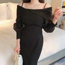 [랜덤플레이] 오프숄더 쉬폰 하객룩 머메이드 미디 원피스